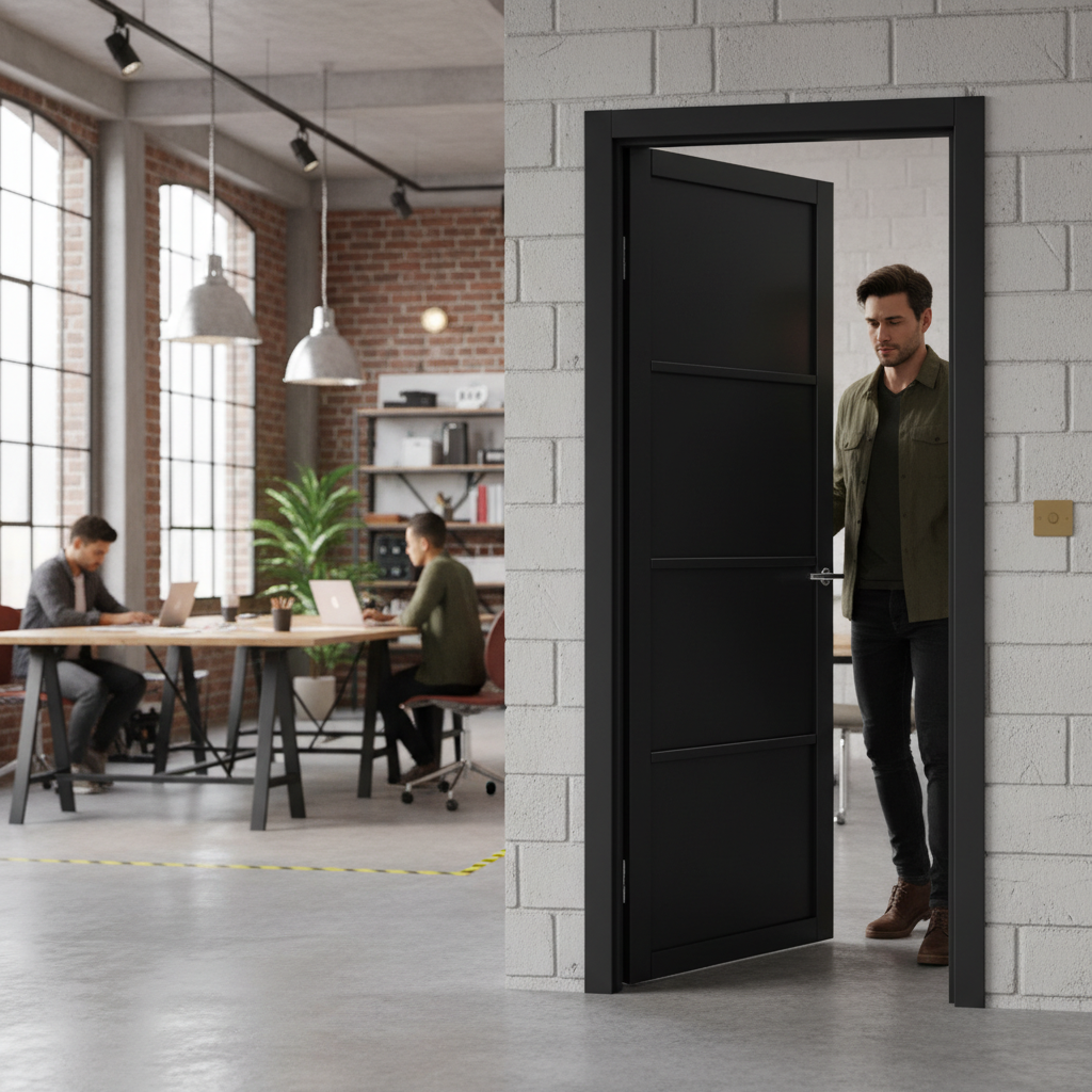 Premium Black 4 Panel Industrial Style Door with Solid Engineered Core and 10-Year Warranty