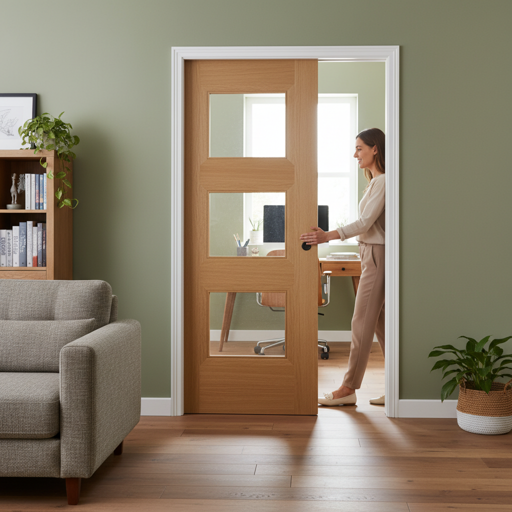 Professional Clear Glazed Oak Pocket Door Set with Galvanised Steel Frame and Adjustable Jambs for Space Efficiency