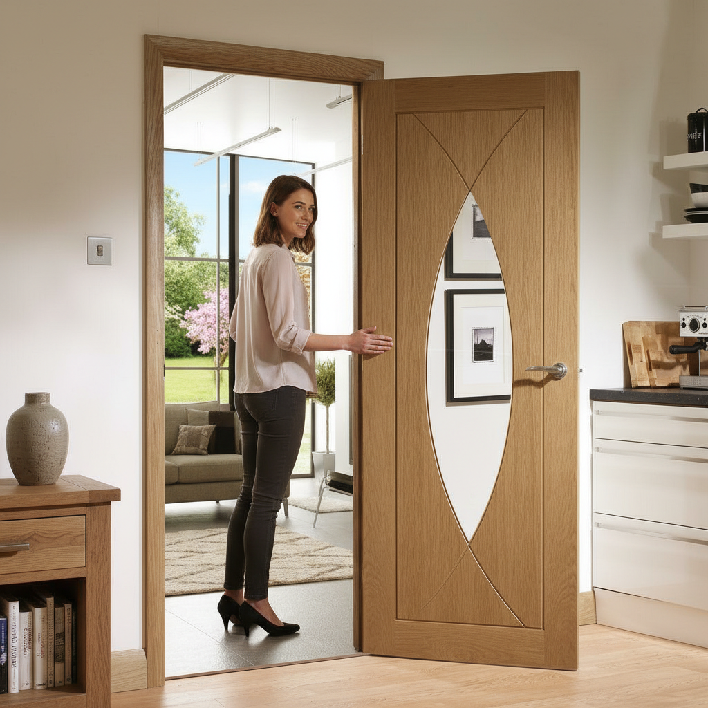 Premium Fully Finished Glazed Internal Door with A-Grade Oak Veneer and Clear Safety Glass for Elegant Living Spaces