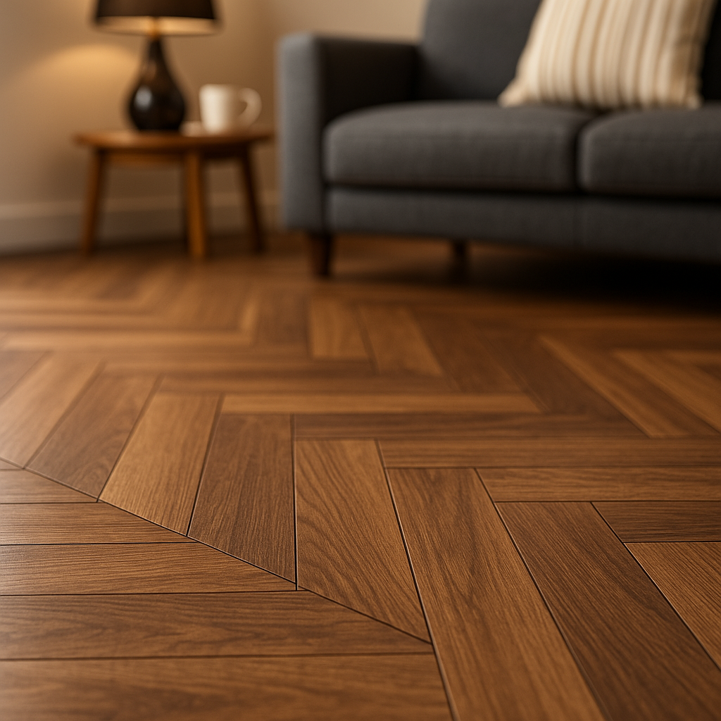 Herringbone 8mm Laminate Flooring in Calais Oak Finish - detail view