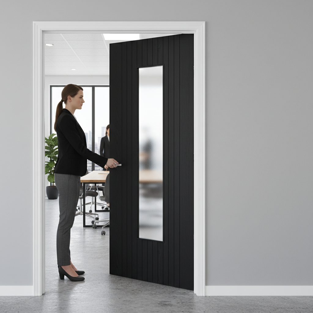 Premium Black Laminate Glazed Internal Door with Edge Banding and Modern Finish - High-Quality Professional Grade for Industrial and Commercial App...