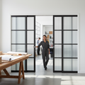 Premium Industrial Glazed 4 Door Telescopic Pocket Door System with Reeded Glass and Complete Wooden Jamb Kit