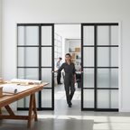 Premium Industrial Glazed 4 Door Telescopic Pocket Door System with Reeded Glass and Complete Wooden Jamb Kit