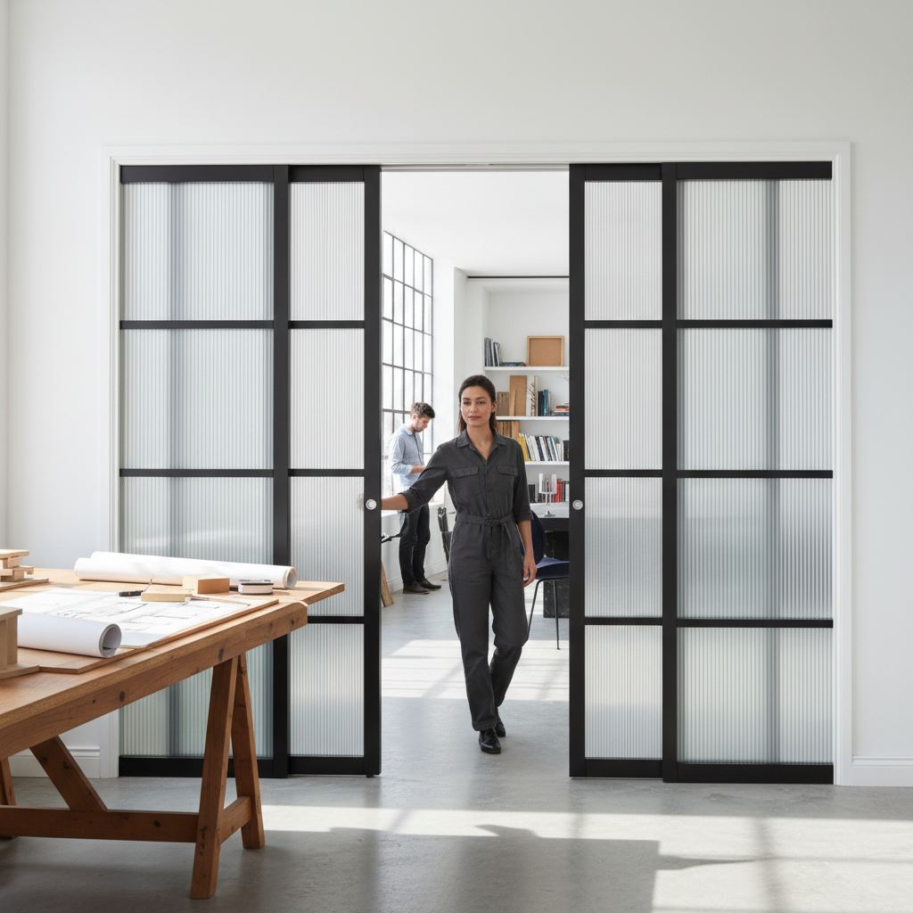 Premium Industrial Glazed 4 Door Telescopic Pocket Door System with Reeded Glass and Complete Wooden Jamb Kit