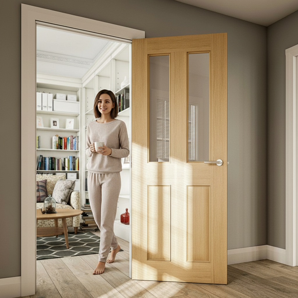 Premium Clear Glazed Fire Door with Bevelled Edged Panels and Certified Fire-Rated Glass