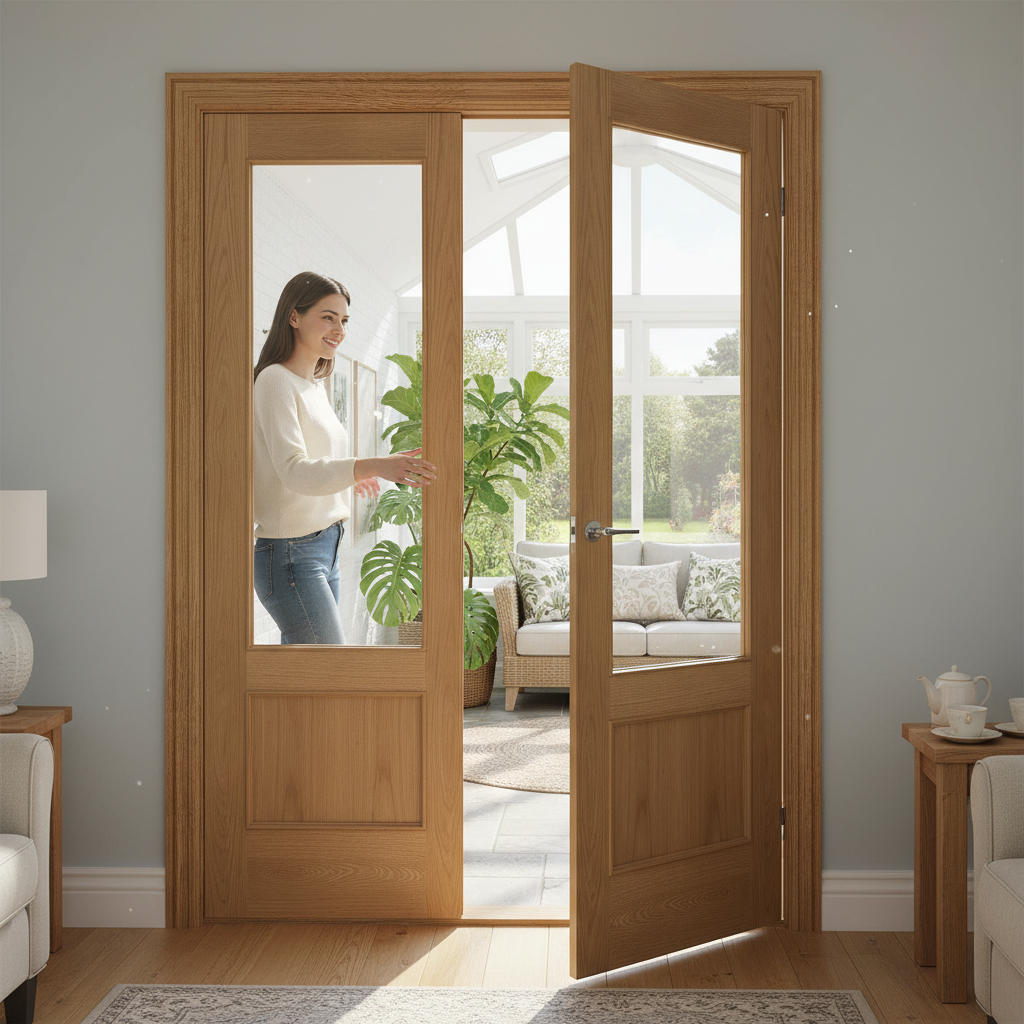 Premium Custom Made Clear Glazed French Doors with A-Grade Oak Veneer and Toughened Safety Glass