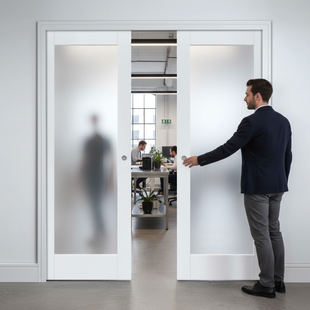 Premium Obscure Glazed Double Pocket Door Set with Galvanised Steel Frame and Elegant White Finish