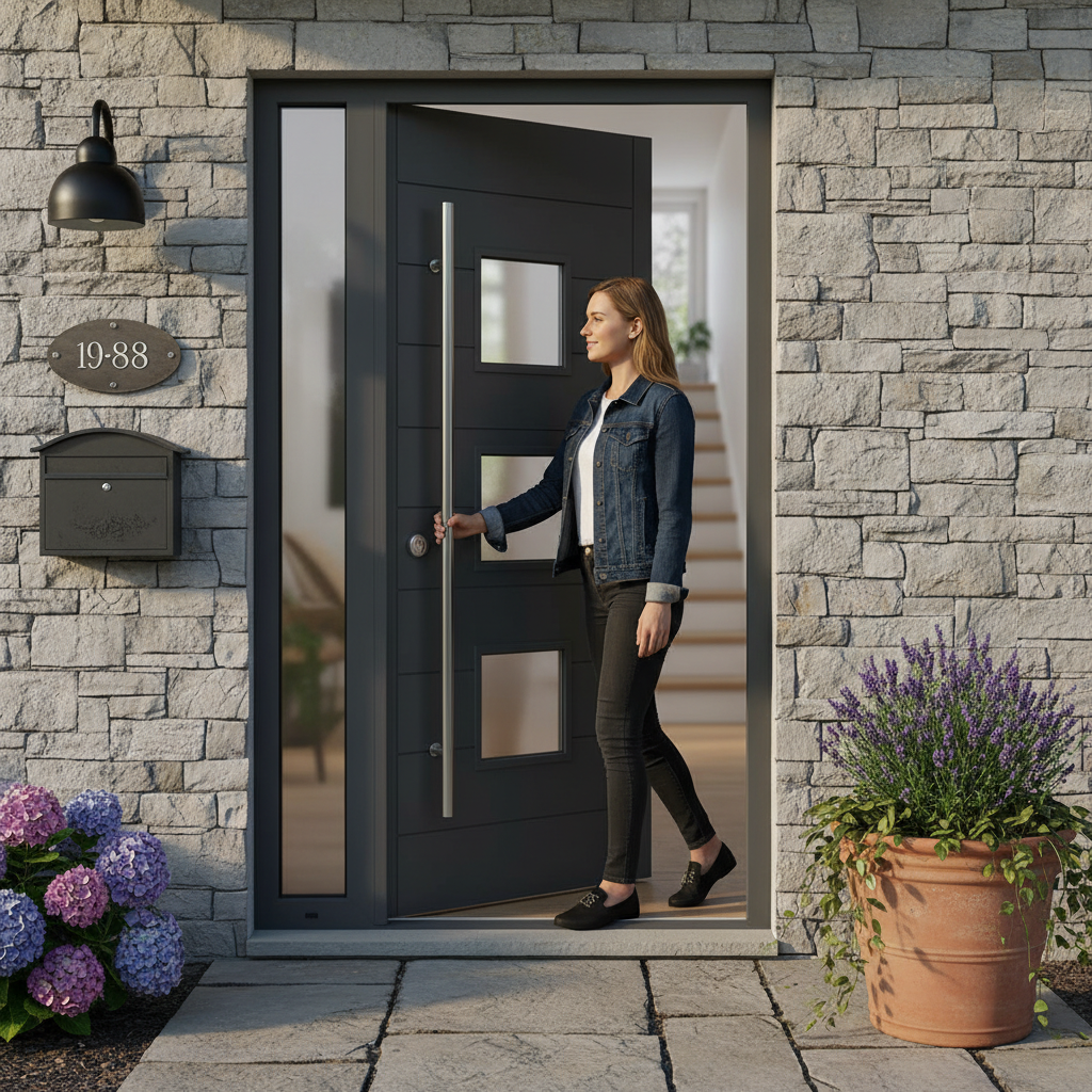 Premium Grey Hardwood External Door with Double Glazed Glass Panels and Long Pull Bar Handle for Enhanced Security and Style