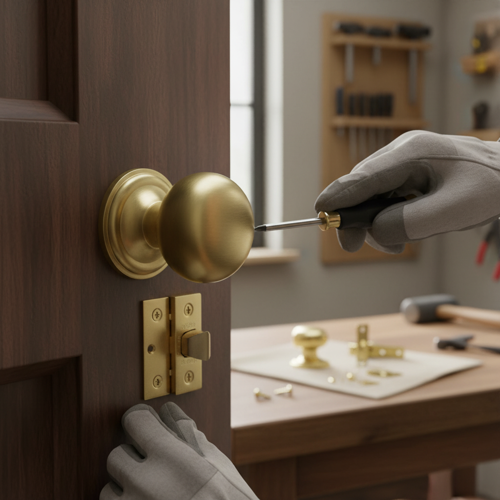 Premium Satin Brass Mushroom Mortice Door Knob Set with Hinges and Latch for Classic Interior Style