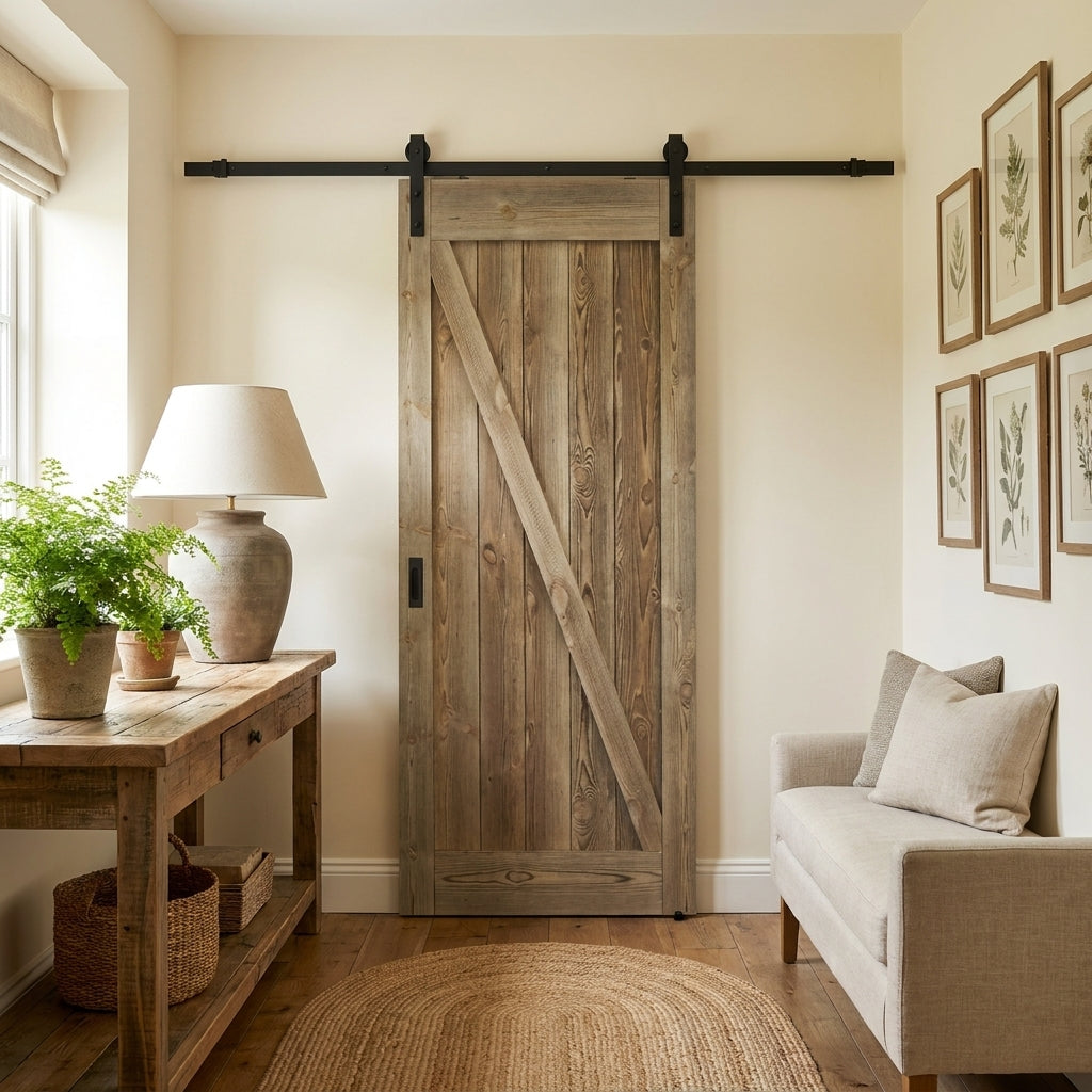 Internal Pine 1 Panel Carbonised Brace Barn Door, Unfinished Softwood