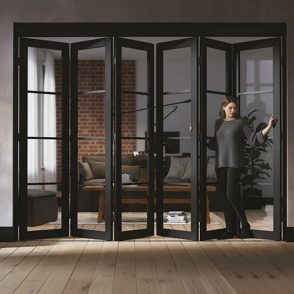 Premium 5 Door Industrial Style Folding Doors with Slim Profile Frames and Large Glass Panels for Home and Apartment Use