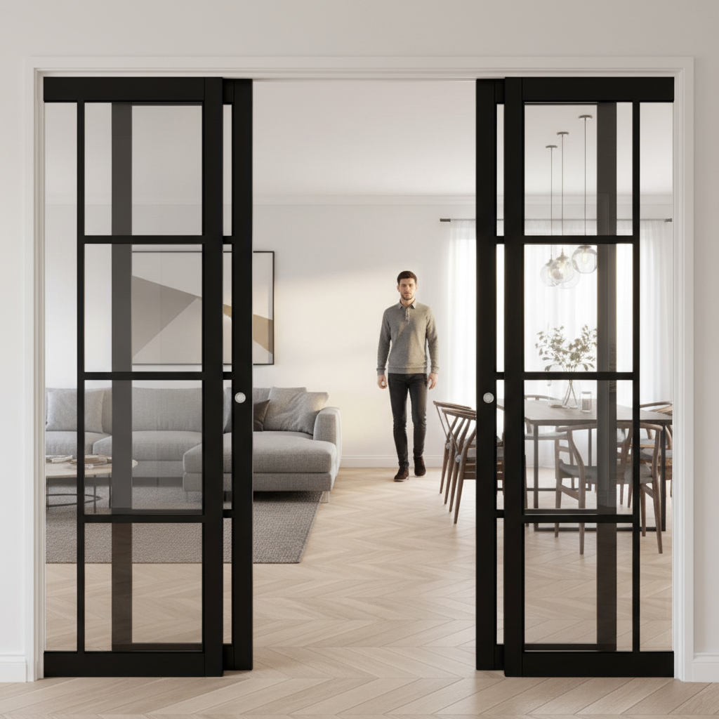 Premium 4 Door Clear Glazed Telescopic Pocket Door System with Heavy Duty Wooden Jamb Kit and Maintenance-Free Track