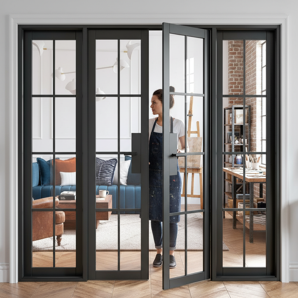 Premium Industrial Style Room Divider Set with Glass Panels and Slim Bars for Natural Light Enhancement - 2031mm x 2478mm Dimensions