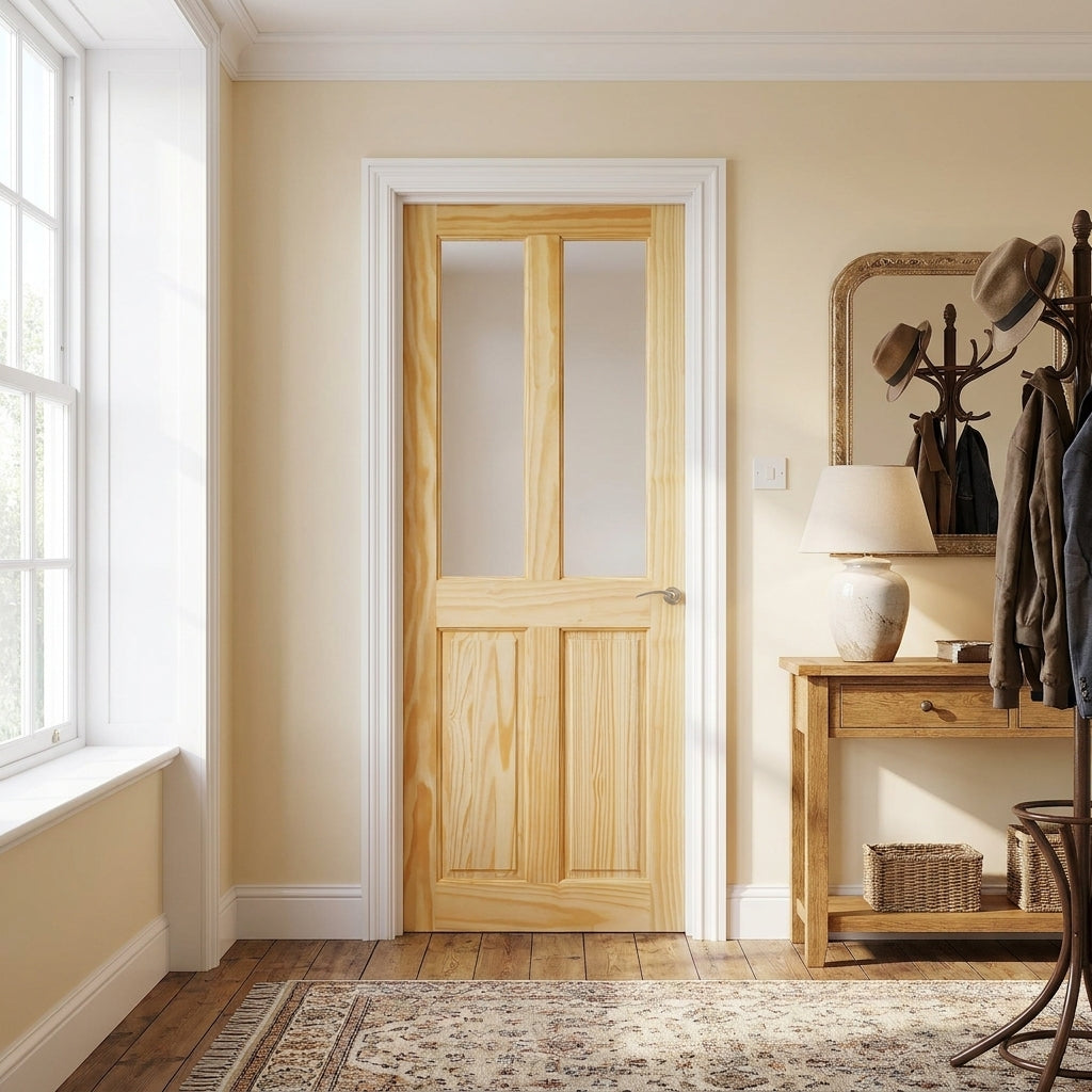 Internal Clear Pine Door Unfinished with 2 Panel 2 Light Obscure Glass