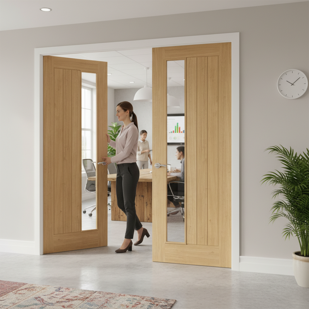 Premium Clear Offset Glazed Door Pair with Flat Panels and Raised Mouldings for Contemporary Elegance