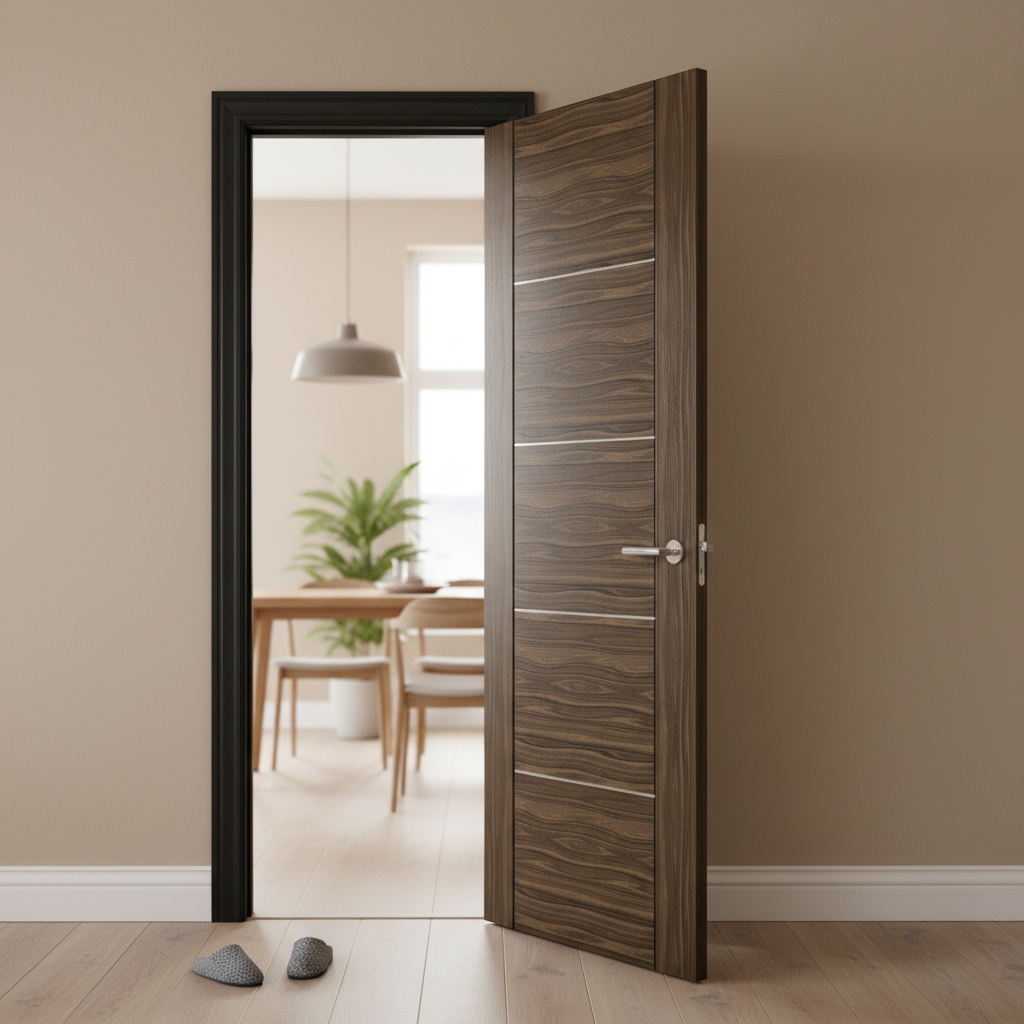 Premium Fully Finished Walnut Internal Door with Aluminium Inlays and Fire Door Certification