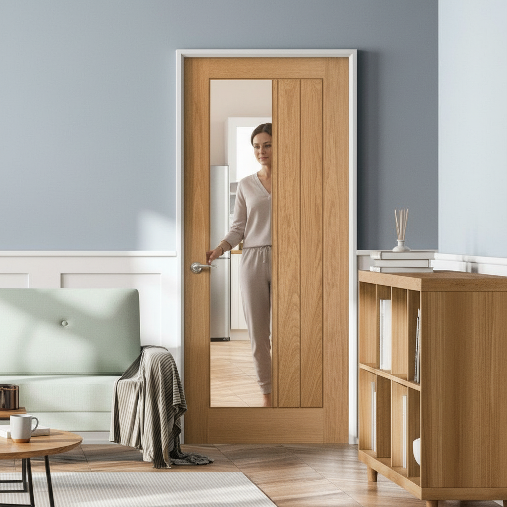 Premium Oak Internal Unfinished Fire Door with Clear Toughened Glass - Custom Size FD30 Fire Protection - Image 2