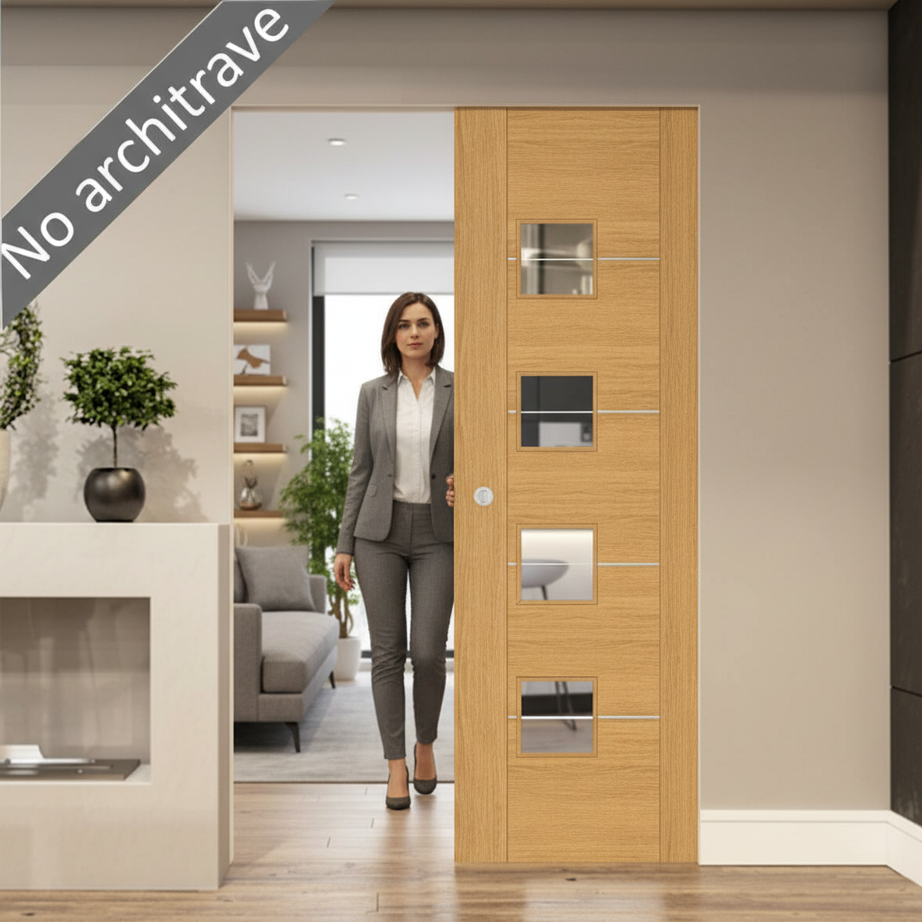 Premium Flush Pocket Door Set with Oak Veneer and No Bottom Track for Space-Saving Design
