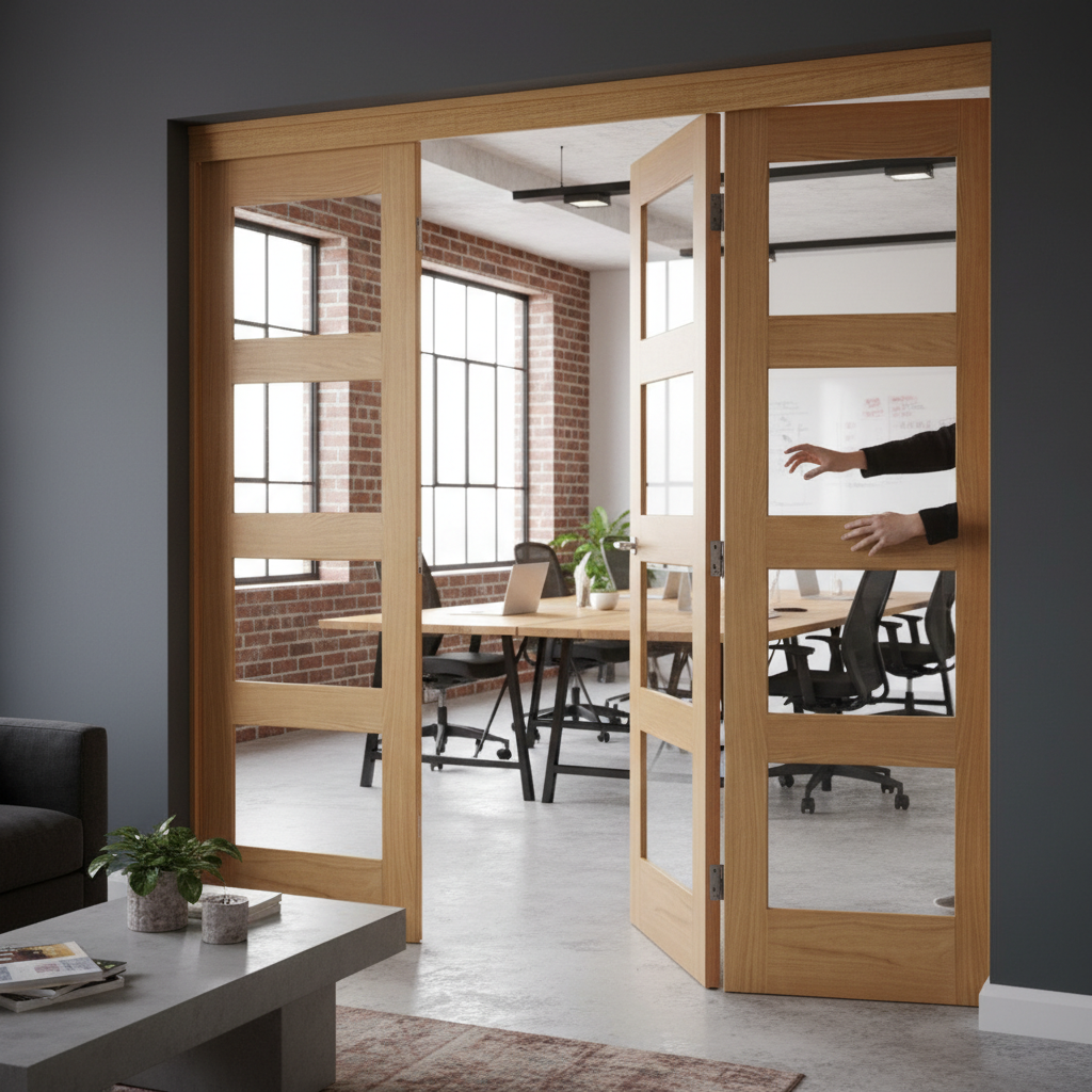 Premium Clear Glazed Bifolding Room Divider Set with Versatile Configurations and Unfinished Oak Panels