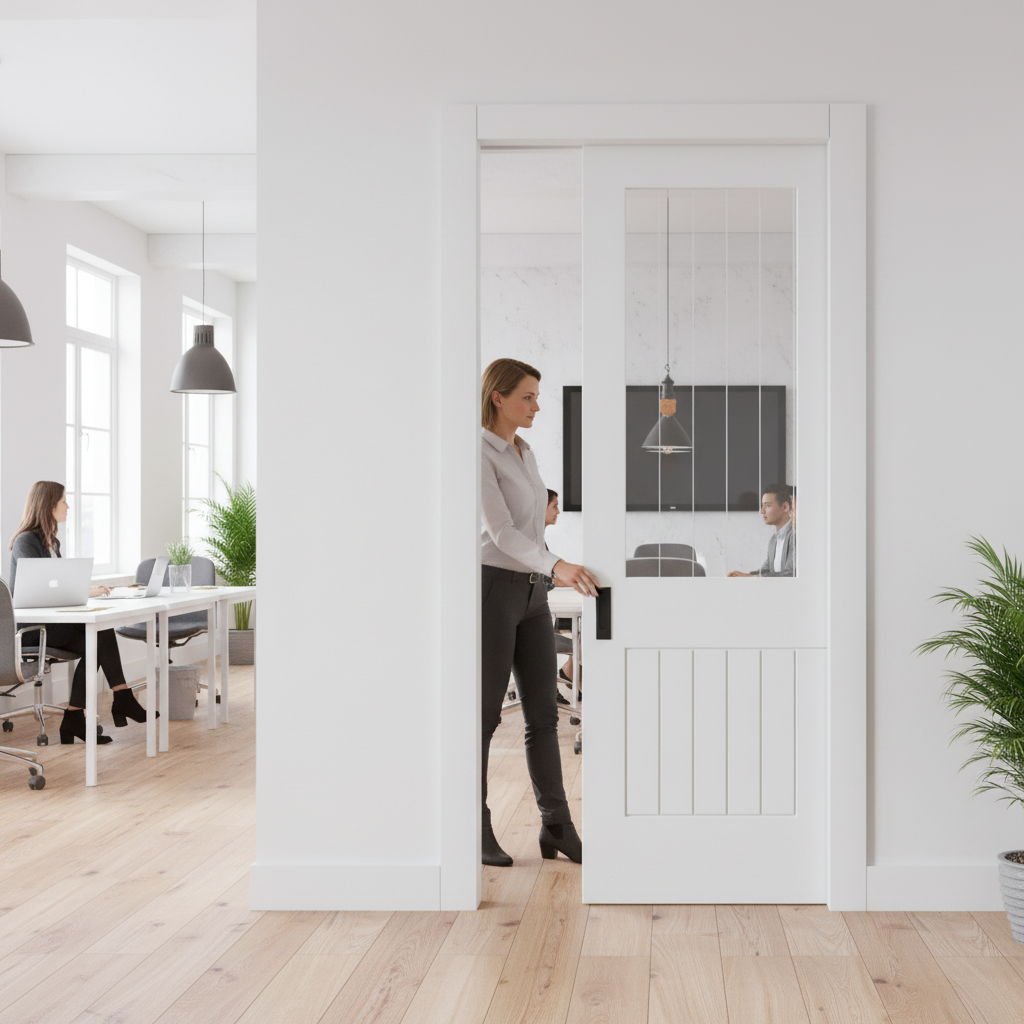 Premium White Primed Internal Pocket Door Set with Etched Lined Clear Glass Panel for Space-Saving Elegance - Image 2