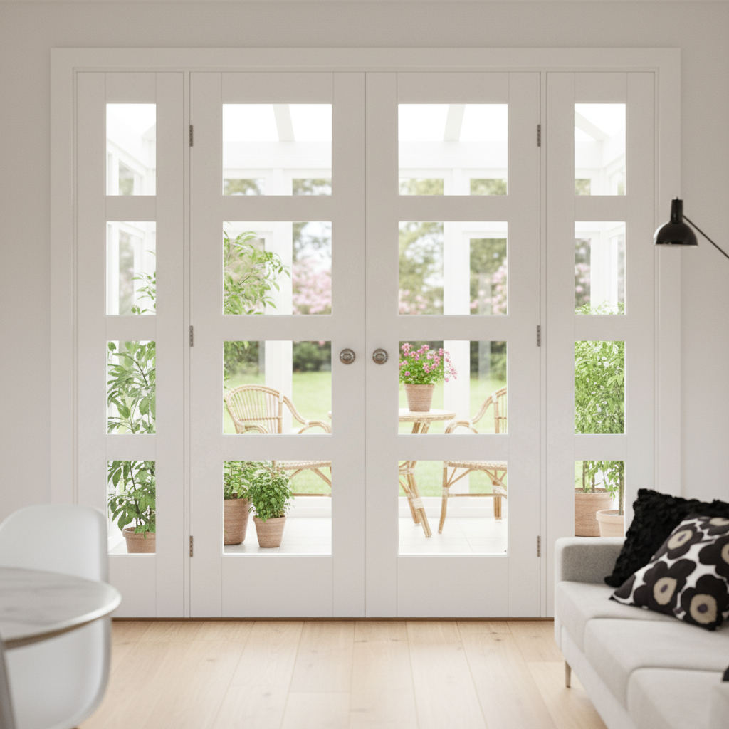 Premium White Shaker 4 Light French Doors with Clear Glazed Demi Panels and Universal Frame for Unique Room Dividers