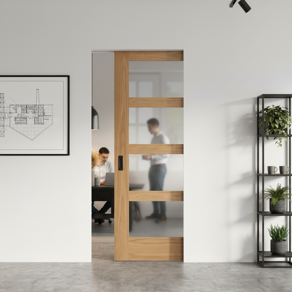 Shaker Style Pocket Door Set with 4 Light Obscure Glass Panels for Privacy and Natural Light Flow - Image 2