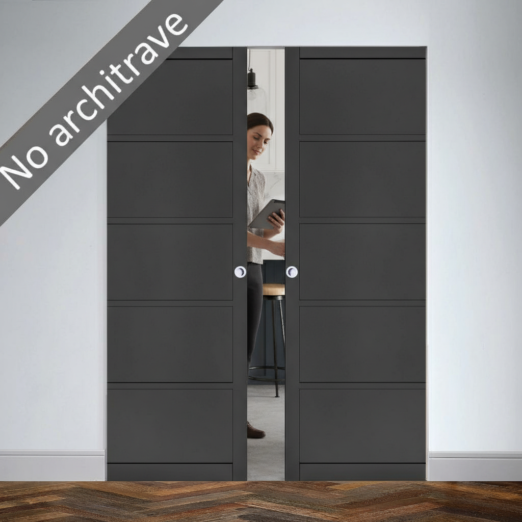 Premium 5 Panel Double Flush Pocket Door Set with No Bottom Track, Space-Saving Design, and 15-Year Guarantee