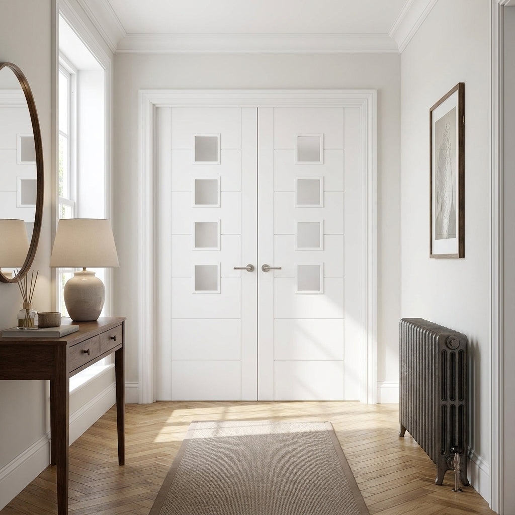Internal French Door with 4 Light Obscure Glass, White Primed, Semi-Solid Core