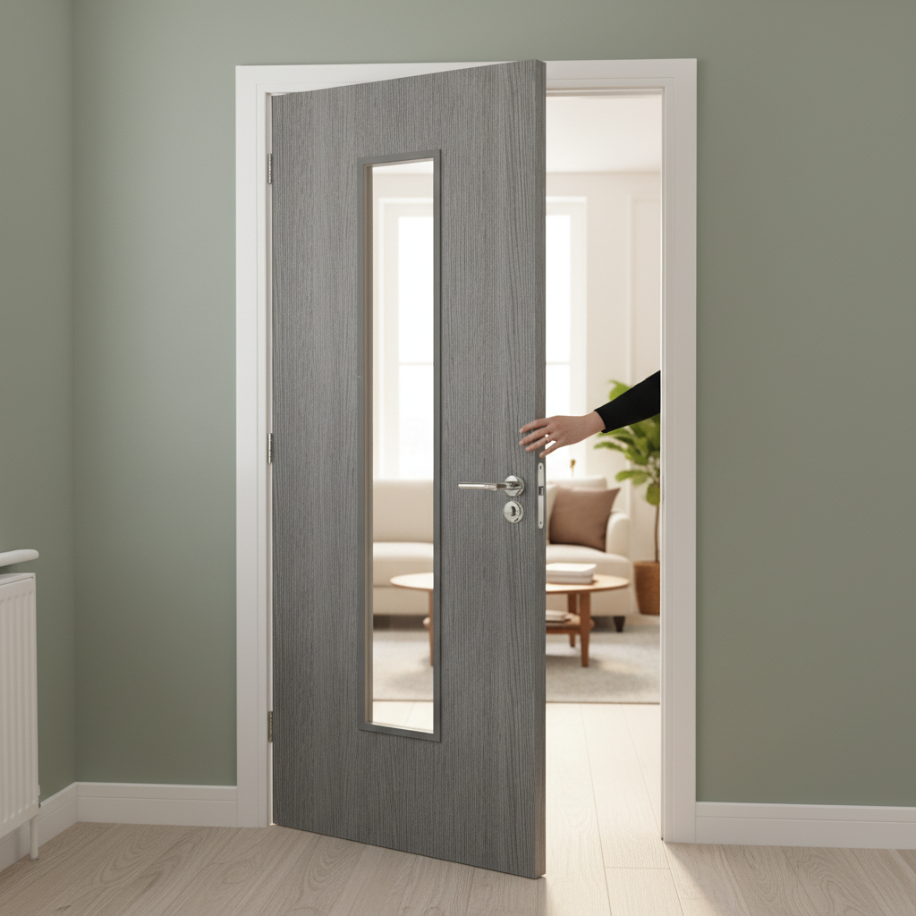 Premium Clear Glazed Grey Flush Internal Door - Contemporary Design with Engineered Construction and Large Vision Panel