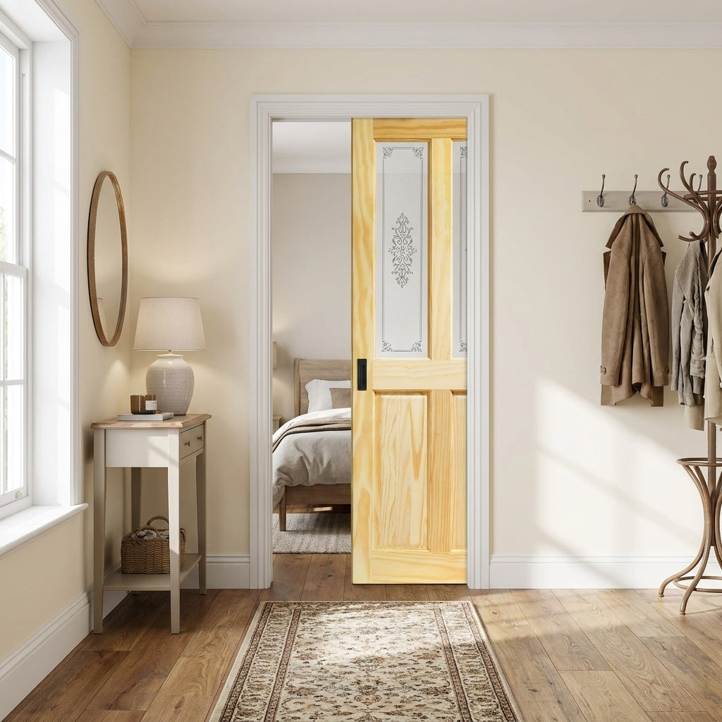 Internal Pocket Door Set, Clear Pine, Unfinished, 2 Panel, 2 Light Campion Glass, 100mm