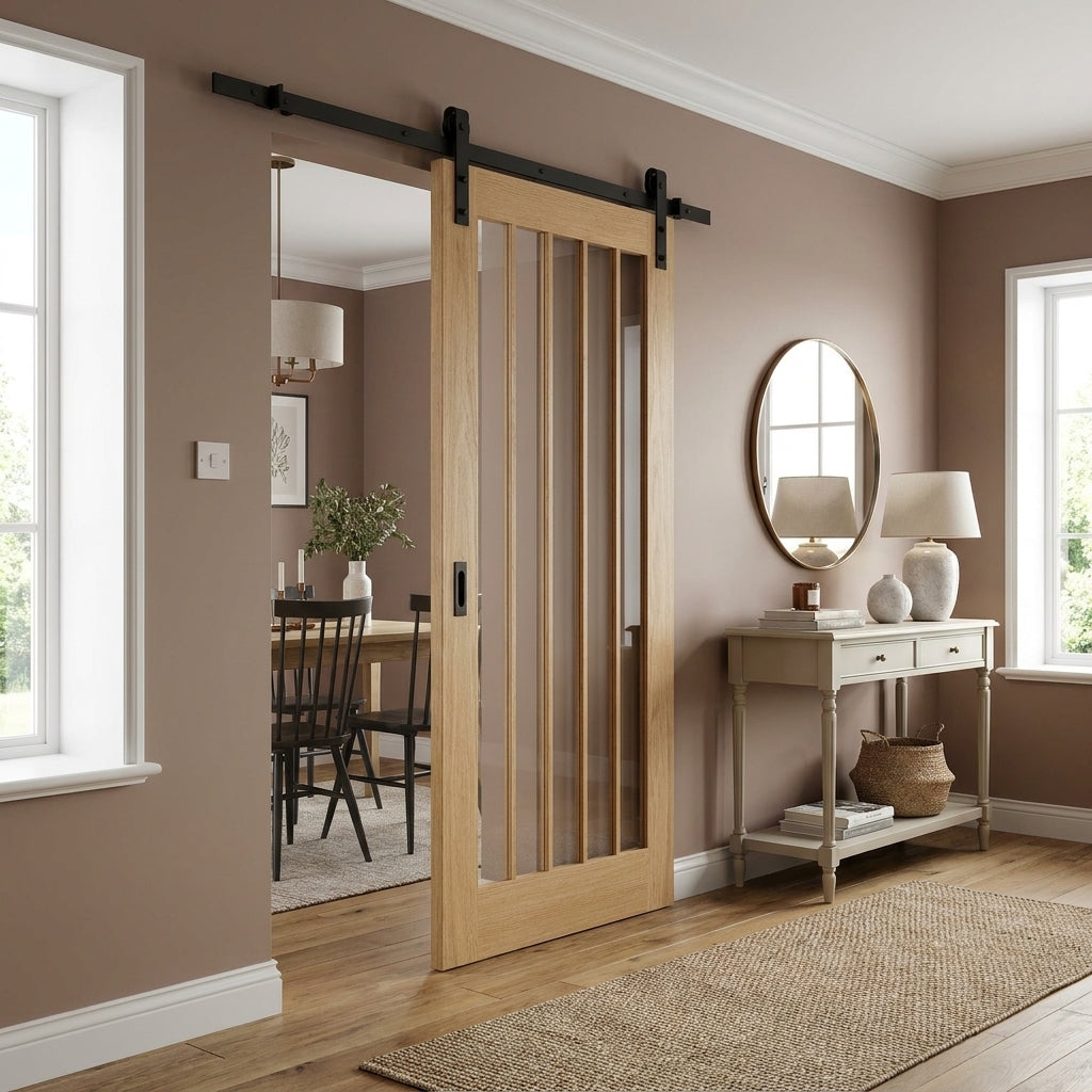 Oak Internal Sliding Door Unfinished with 1 Light Obscure Glass Panel
