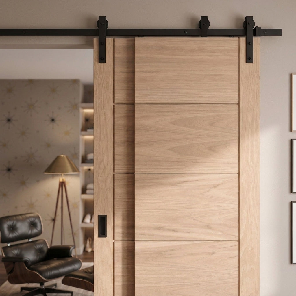 Unfinished Oak Internal Bypass Sliding Door with Black Face Mount - detail view