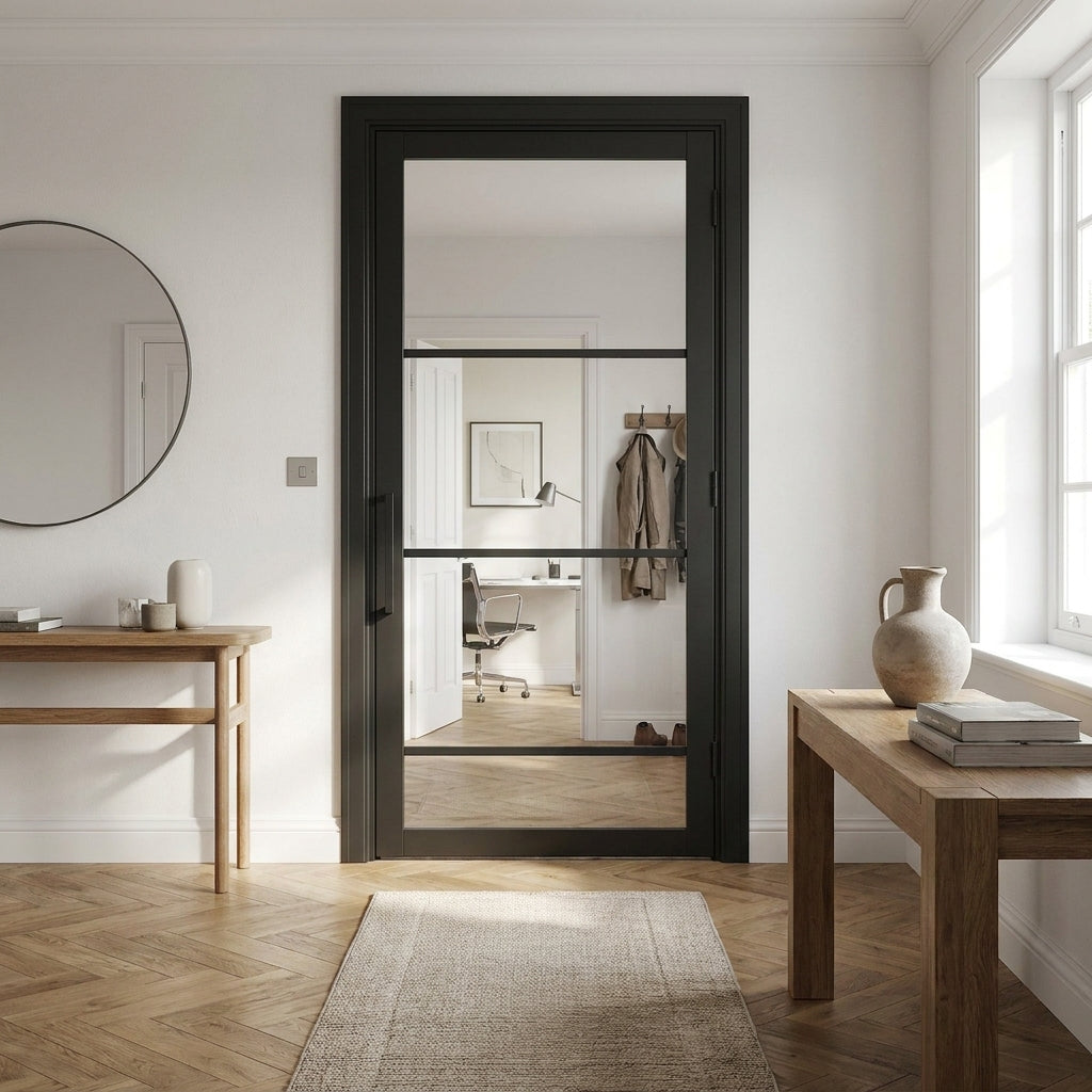 Internal Studio Door with 4 Light Clear Glass Glazing, Fully Finished in Jet Black