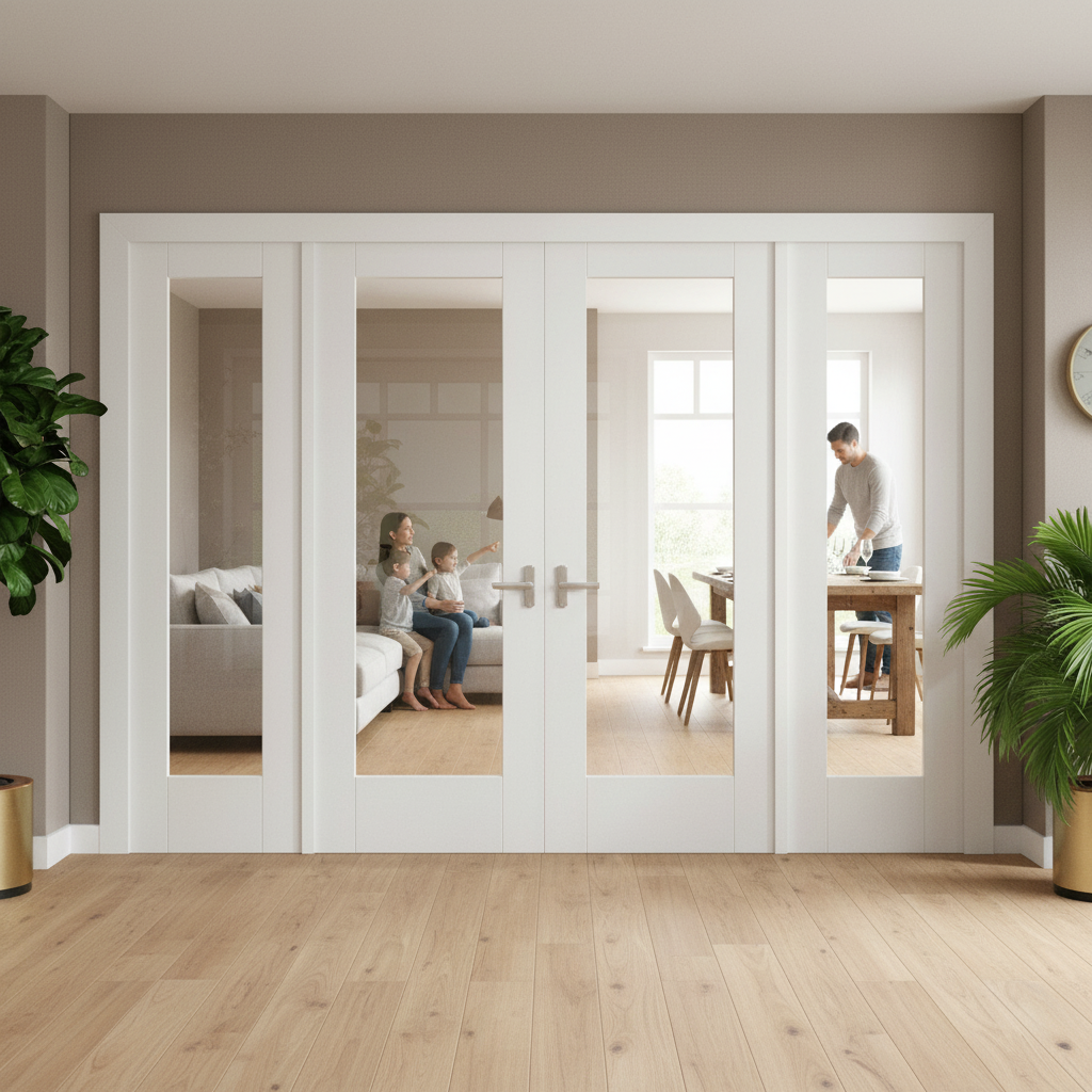 Premium Clear Glass Sidelight Room Divider Set with Four Doors and Pre-Primed White Frame for Elegant Space Separation