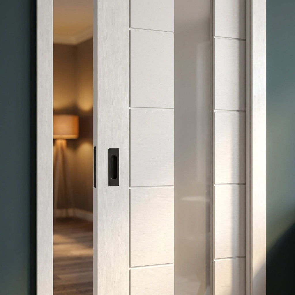 Internal Pocket Door Set, White Primed, 7 Panel, 4 Light Obscure Glass, 100mm - detail view