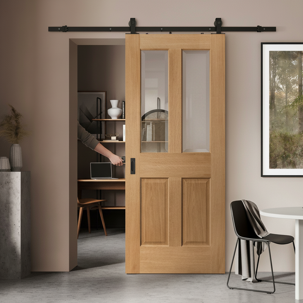 Premium Internal Unfinished Traditional Victorian Sliding Door with Clear Bevelled Glass Panels and Steel Black Track - Image 2