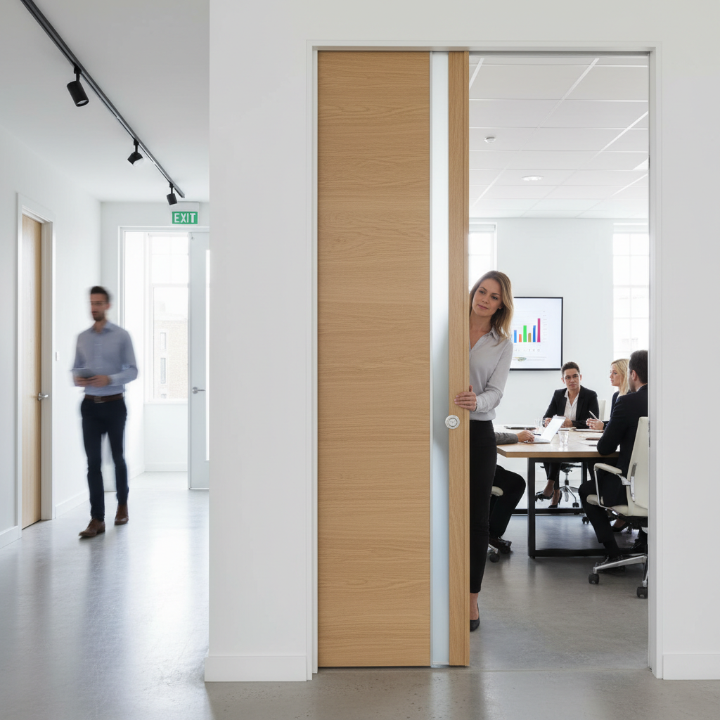 Premium 30 Minutes Fire Rated Pocket Door System with Oak Panel and Galvanised Steel Frame