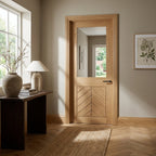 Internal Oak Door Fully Finished with Clear Glass Chevron Design