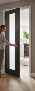 Premium Dark Grey Internal Door with Clear Glass and Aluminium Inlays for Modern Interiors