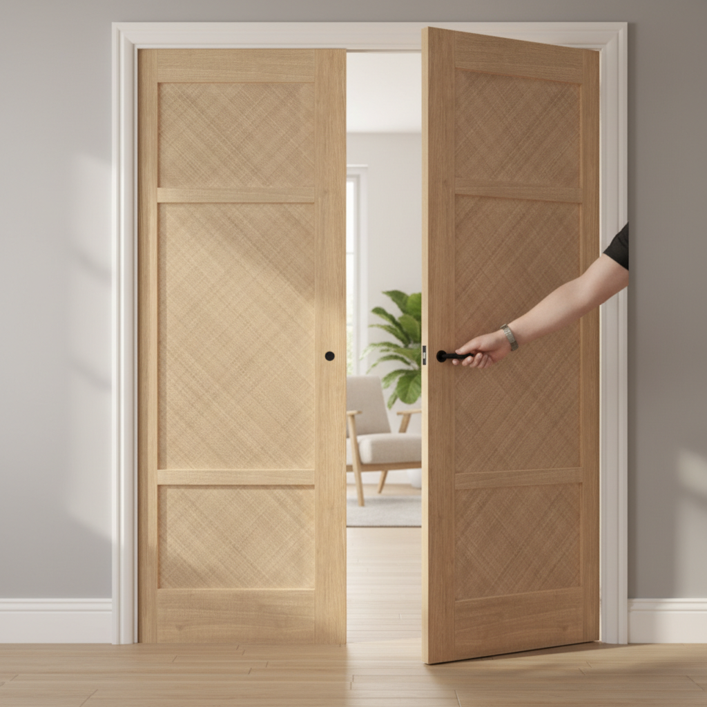 Premium Double Pocket Door Set with Rattan Panels and Galvanised Steel Frame for Rustic Interior Design