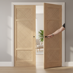 Premium Double Pocket Door Set with Rattan Panels and Galvanised Steel Frame for Rustic Interior Design