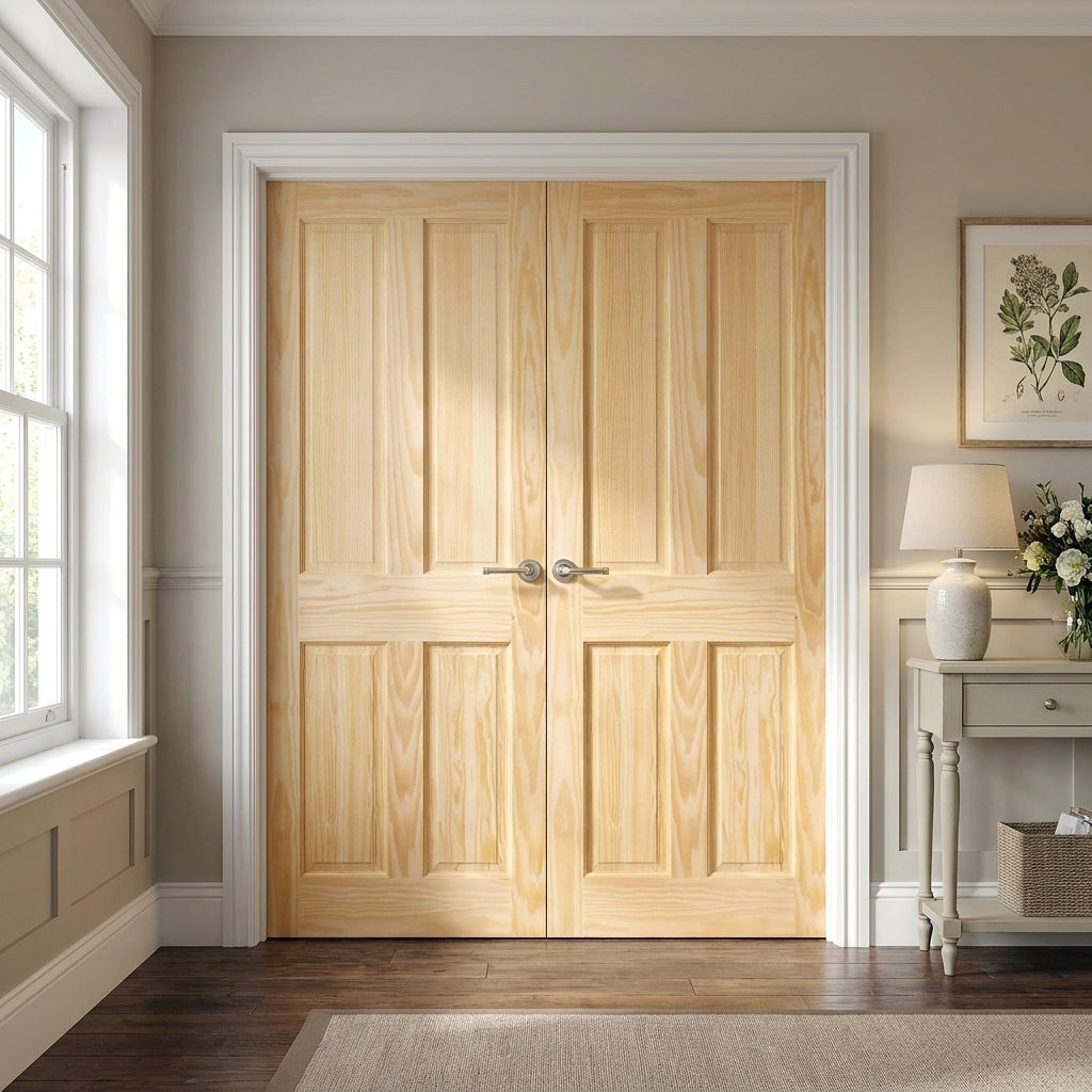 Internal 4 Panel Pair Door, Unfinished Clear Pine, Solid Core Construction