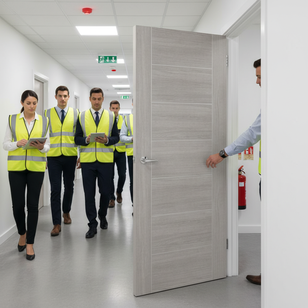 Premium White Grey Laminate Fire Door with Textured Wood Finish and Solid Construction