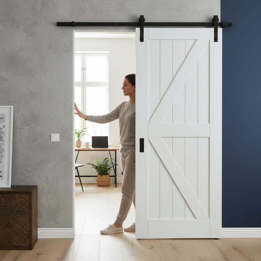 Premium White Internal Primed Barn FLB Sliding Door with Black Top-Mounted Track for Classic Farmhouse Elegance and Modern Functionality - Image 2