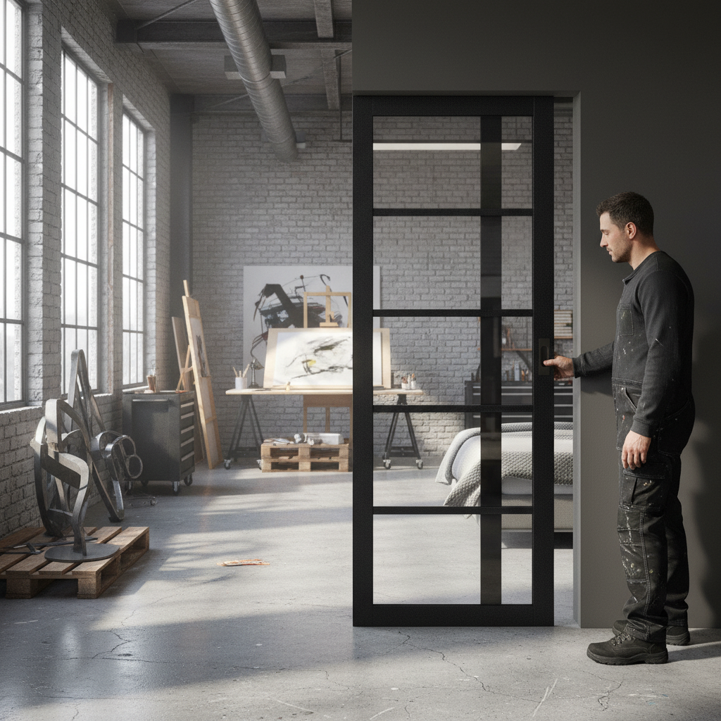 Premium Internal Fully Finished Industrial Studio 5 Light Clear Glass Pocket Door Set with Adjustable Sizing and Easy Roll Track System