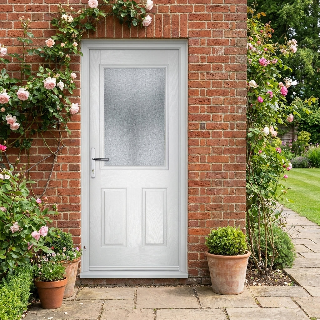 Eaton White Composite Front Door Set with Obscure Glass, Pre-Hung