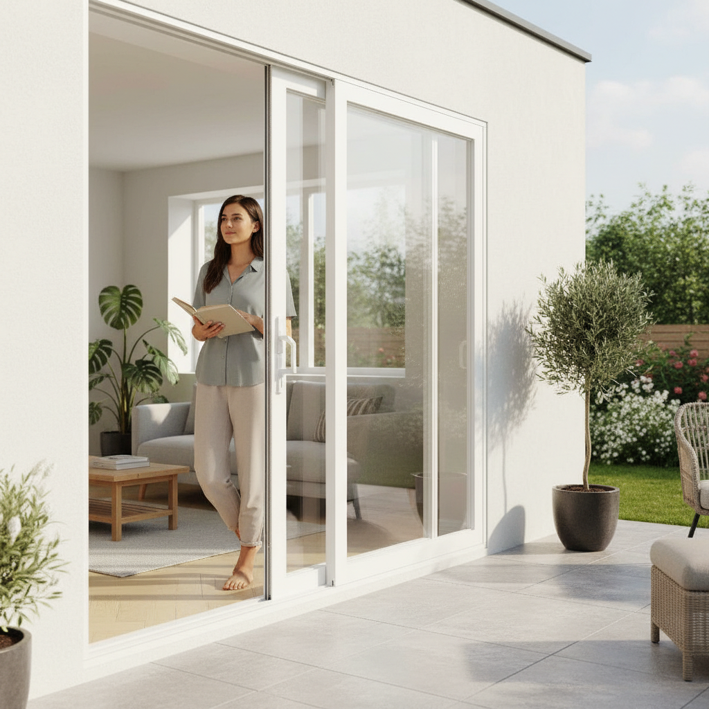 Premium 7ft White Aluminium Inline Sliding Doors with Multi-Point Locking System and Double Glazing for Enhanced Thermal Efficiency