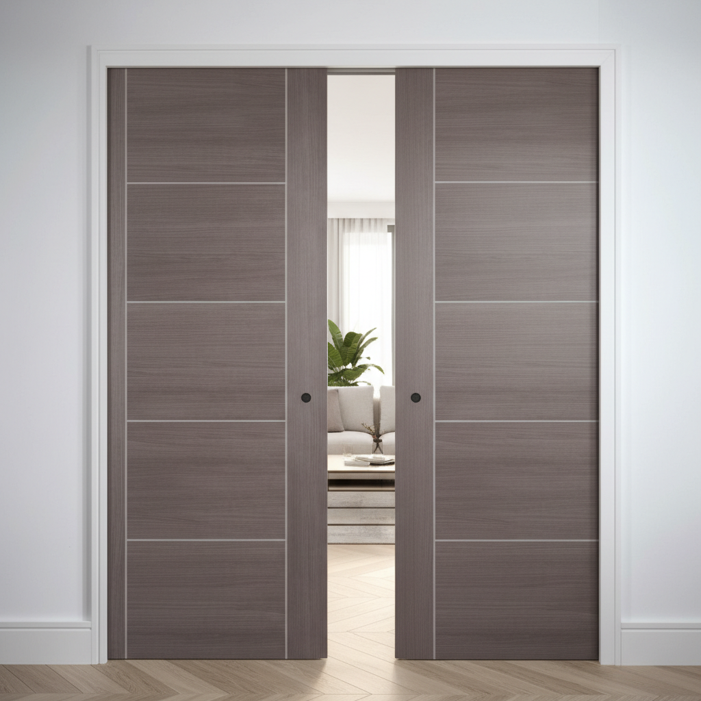 Premium Medium Grey Telescopic Pocket Door System with Five Panels, Maintenance-Free Track, and 15-Year Guarantee