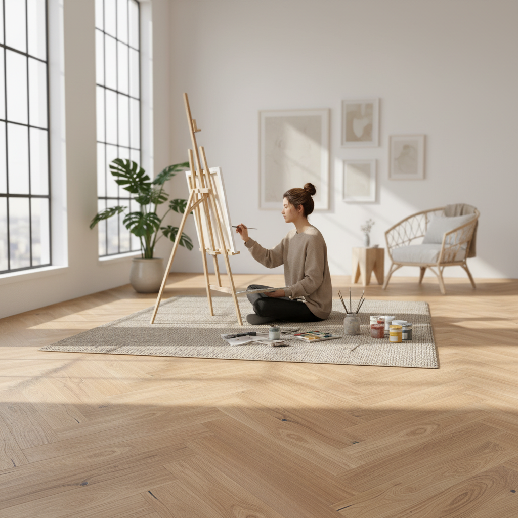 Premium 14mm Herringbone Engineered Real Wood Flooring in Bianco Oak with Matt Lacquer Finish and Optilock Fitting System