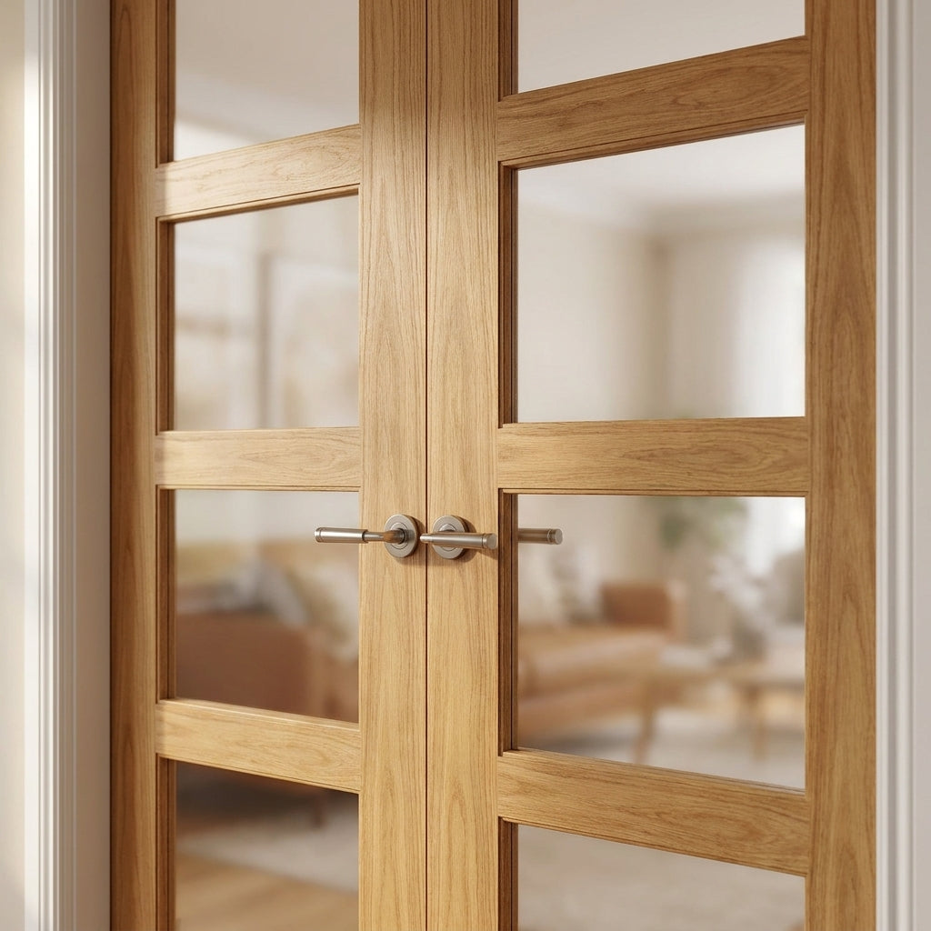 Internal Oak Shaker French Door Unfinished 4 Light Obscure Glass - detail view